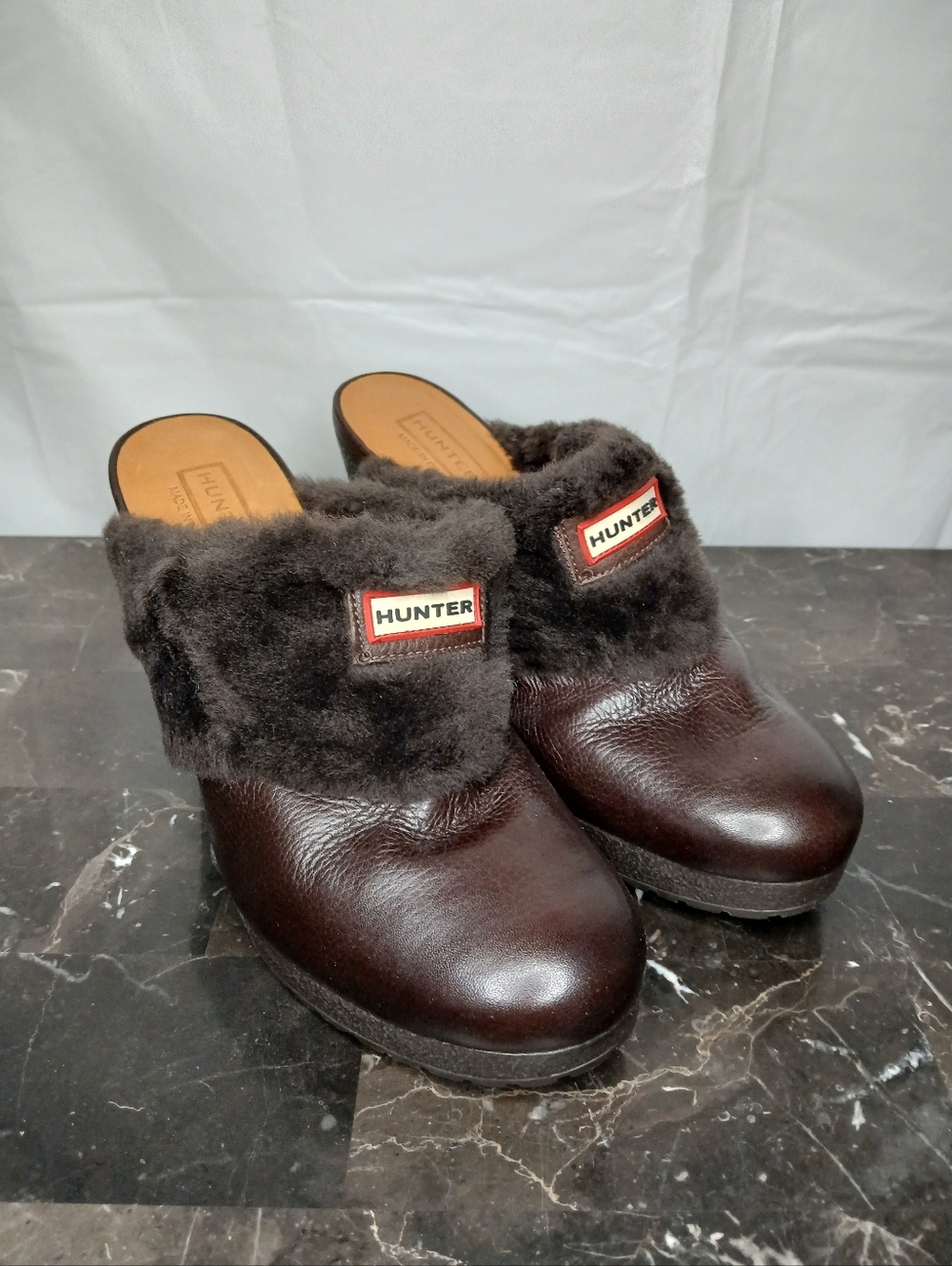 Hunter Dark Brown Leather Clog Mules with Shearling Trim